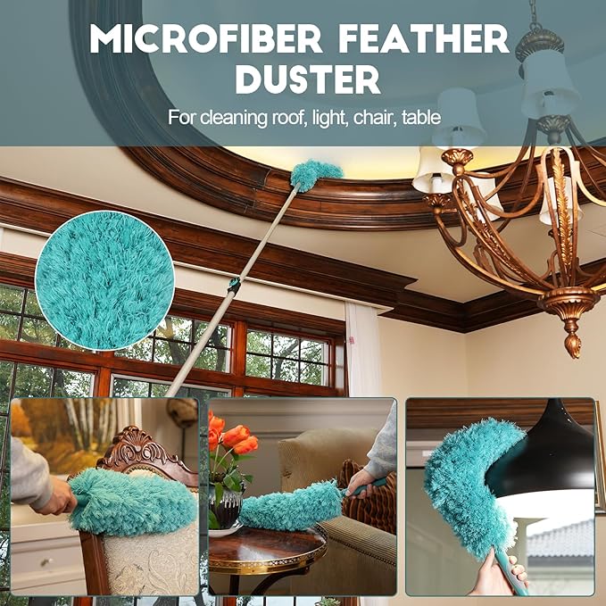 TelesPro 20 Foot High-Reach Duster Kit with 5-12FT Extendable Pole - High Ceiling Duster Cleaning Kit with Telescopic Pole,Cobweb Duster, Chenille Ceiling Fan Duster, Microfiber Feather Duster