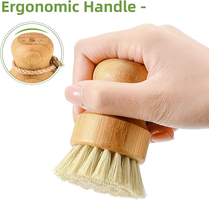 SUBEKYU Bamboo Dish Scrub Brushes for Kitchen, Cleaning Scrubber for Washing Cast Iron Pan/Pot, Natural Sisal Bristles, 1 Pack