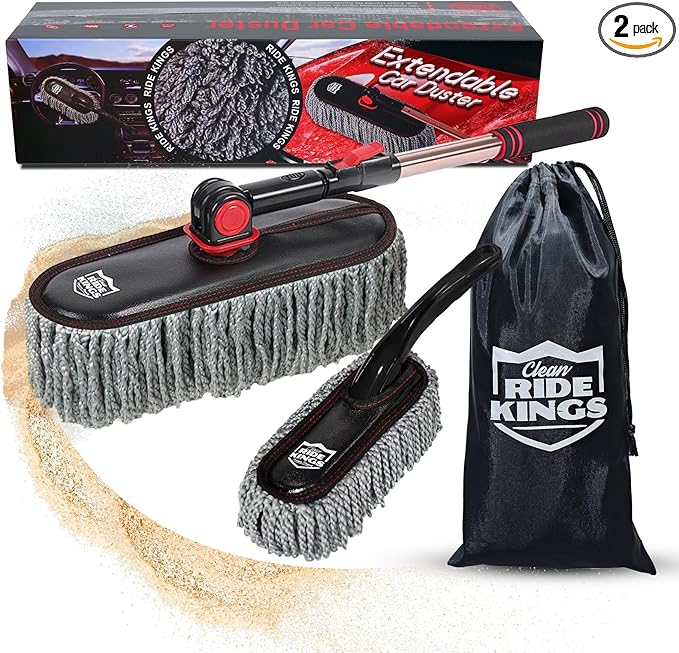 RIDE KINGS Car Duster Exterior Scratch Free with Extendable Handle, Microfiber Car Cleaning Brush for Dust Removal + Small Detailing Brush for Interior Care