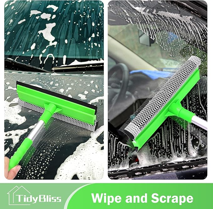 TidyBliss Window Squeegee Professional, 56” Car Windshield Glass Cleaner Tool with Extension Pole, Long Handle Household 10 inches Washer Sponge Scrubber Kit for Cleaning Home Mirror Outdoor (Green)