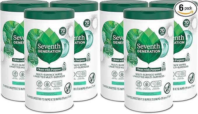 Seventh Generation Multi Purpose Wipes All Purpose Cleaning Garden Mint scent with 100% Essential Oils and Botanical Ingredients 70 count, Pack of 6