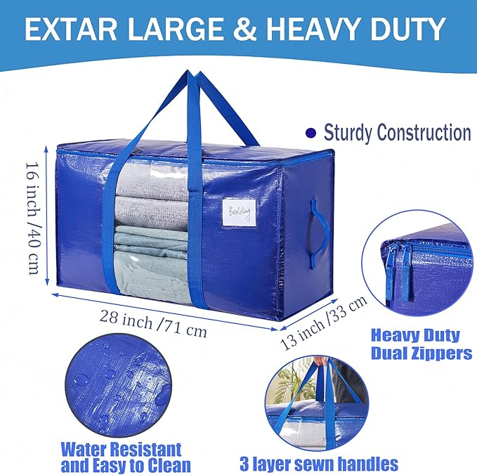 Extra Large Moving Bags, 4 Pack Heavy Duty Packing Bags for Moving, Totes For Storage with Visible Window and Wrap Around Handles, Moving Supplies for Space Saving