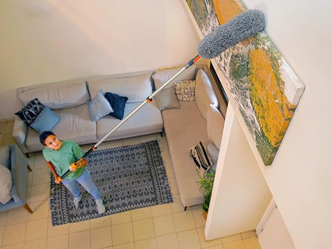20 Feet High Reach Ceiling Dusters Set with 4-12 ft Extension Pole for Cleaning // Extendable Telescoping Long Reach Cobweb & Feather Dusters for High Ceiling // Extendable Ceiling Fan Blade Cleaner