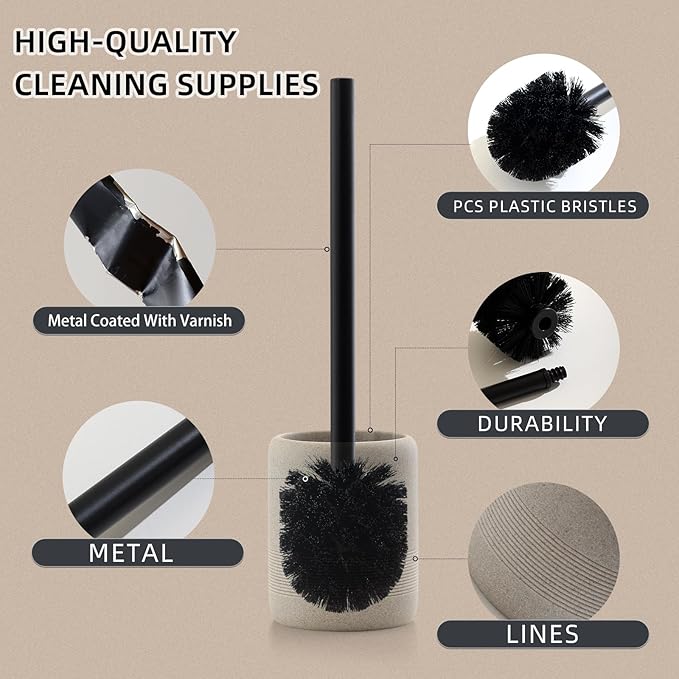Haocoott Toilet Brush and Holder Set, 2 PCS Decorative Toilet Bowl Brush and Holder Set Bathroom Aceessories Toilet Scrubber Brush Set with Heavy-Weight Resin Base with Long Handle (Beige)