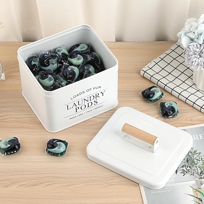 Metal Laundry Pod Holder Powder Holder Farmhouse Laundry Pods Container with Handle Lid, Powder Dispenser Dryer Sheet Dispenser for Laundry Room Organization Decor - 7.2" x 6.2" x 5.1", White