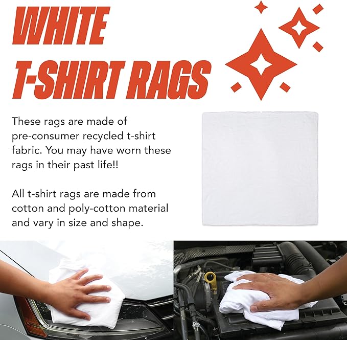 Arkwright W43 Cotton Tshirt Rags - 5 lb Bag - Soft Lint Free Cloths for Cleaning, Streak & Scratch-Free, Professional Grade Wiping Towels for Polishing, Painting, and Staining, White