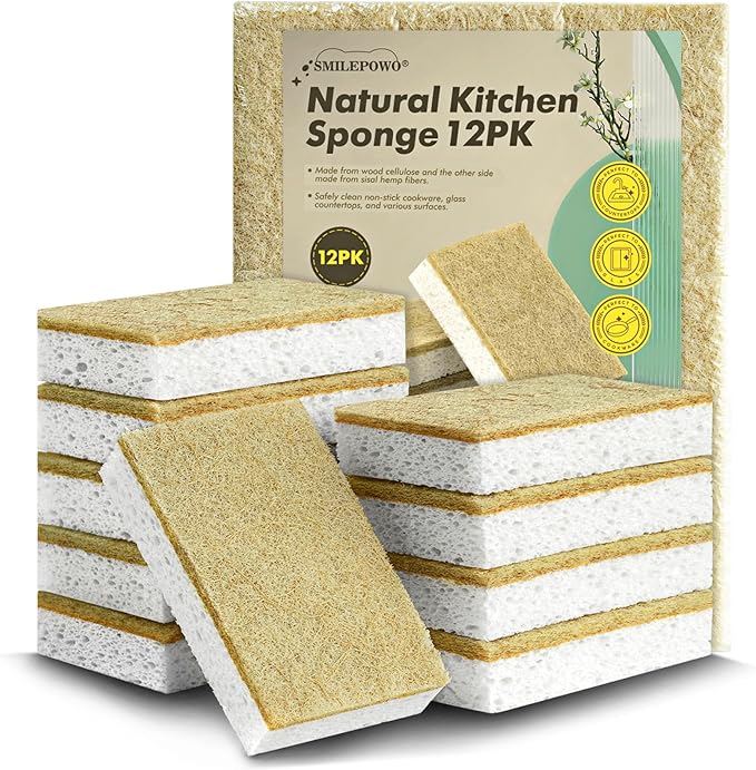 Natural Kitchen Sponge Compostable Kitchen Sponges Cellulose and Coconut Scrubber Abrasive Scrubbing Pads SmilePowo Environmentally Friendly Sponge for Dishes (12 Pack)