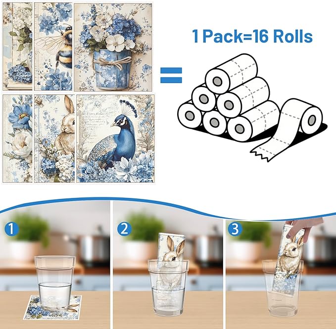 Vintage Swedish Dishcloths for Kitchen, 6PCS Flower Blue Peacock Swedish Dish Cloths Gift Set, Reusable Absorbent Cellulose Sponge Dish Towel for Home Cleaning(7.8 X 7 Inches)