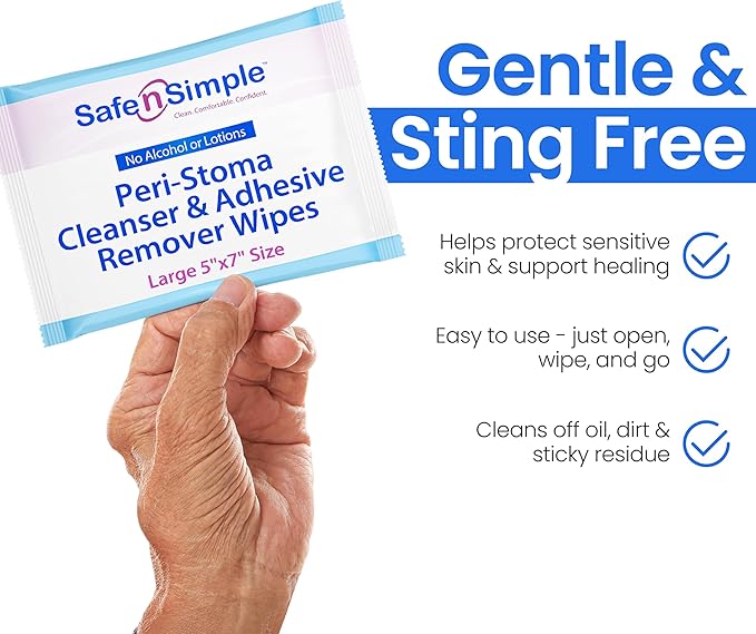 Safe n' Simple Adhesive Remover for Skin - 5"x7" 50 Wipes - Stoma Adhesive Remover Wipes - Alcohol Free Wipes for Sensitive Skin - No Sting Adhesive Remover Wipes