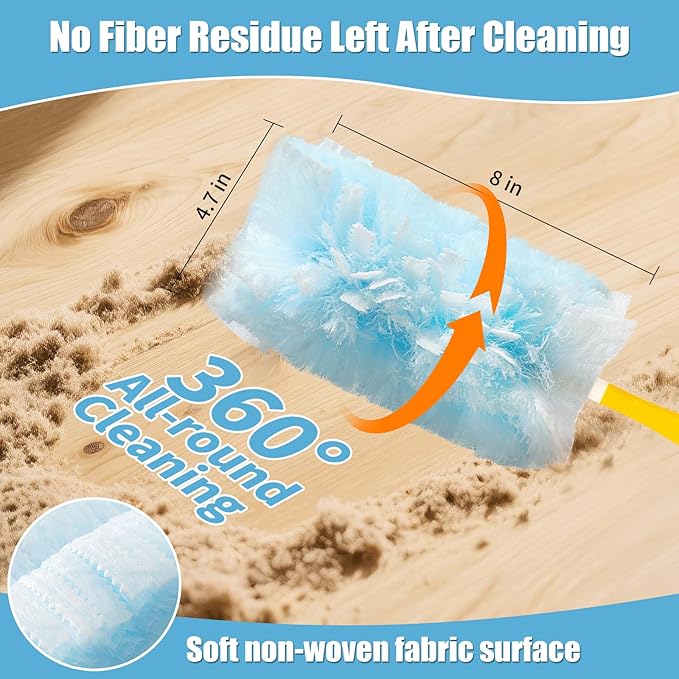 60 Count 360° Heavy Duty Duster Refills Compatible with Swiffer, Large Size-Extra Thick Disposable Electrostatic Duster Refill with 1 Short Handle for Furniture, Blinds, Ceiling Fans(Blue)