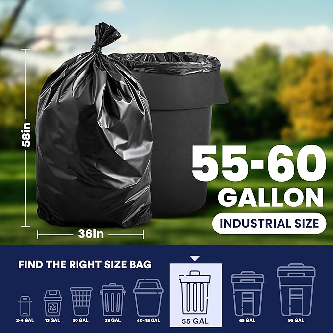 Plasticplace Contractor Garbage Bags: 55 Gallon Trash Bags Heavy Duty, Big Black Trash Bags, 36"x58", 6.0 Mil, Pack of 20