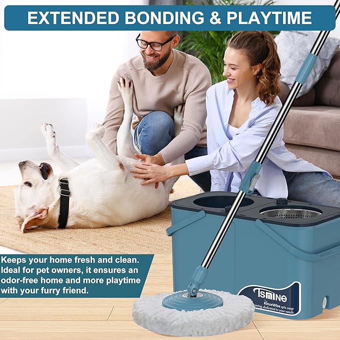 Spin Mop and Bucket,Mop Bucket with Separates Dirty and Clean Water,4-Chamber Mop and Bucket with Wringer Set for Home, Best Household Cleaning Tools with 6 Replacement Mop Heads,4X Wheel