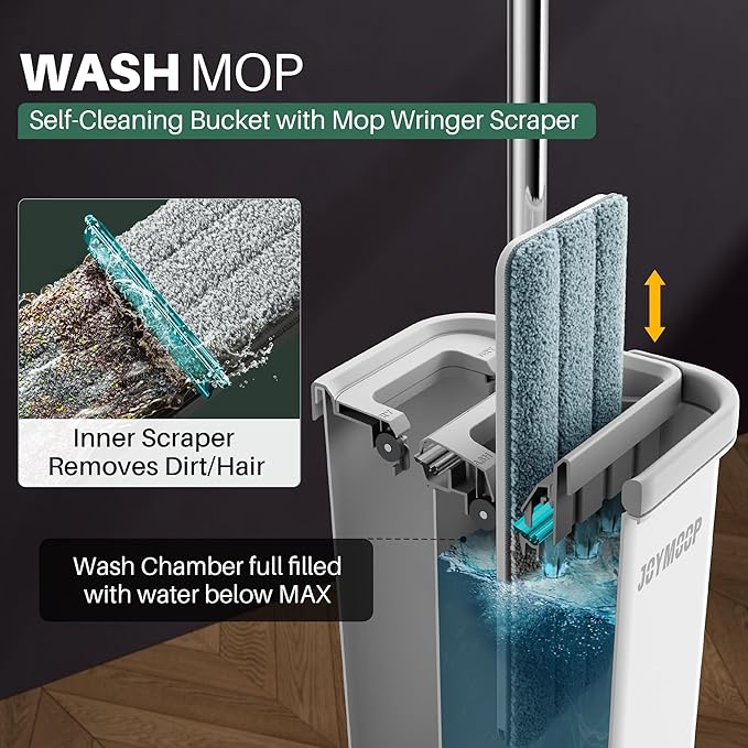 JOYMOOP White Flat Mop & Bucket with 1 Microfiber Pad, 12 Disposable Toilet Brushes, Stainless Steel Toilet Brush and Holder Set, Multi-Functional Cleaner for Floors, Windows, and Toilets