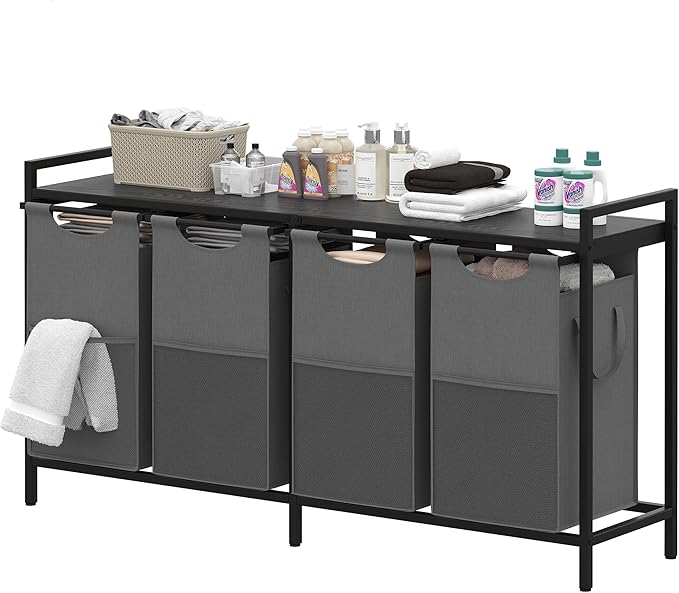 Heybly Laundry Hampers, 3 × 12.5 Gal Laundry Basket with Large Desktop Sorter for Laundry Room organization, Bathroom and Dorm Laundry Bags on Storage Shelf, Black and Gray HLH004BG