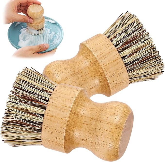Natural Wooden Dish Brush，Kitchen Bamboo Scrub Brush for Dishes，2 Pack (Style-A, Large)