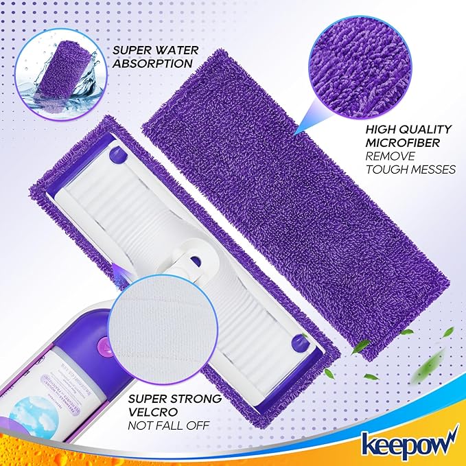 KEEPOW Reusable Mop Pads Compatible with Swiffer Power Mop Microfiber Mop Refills Replacement Wood Floor Pads Washable for All Floor Surfaces Cleaning, 4 Pack