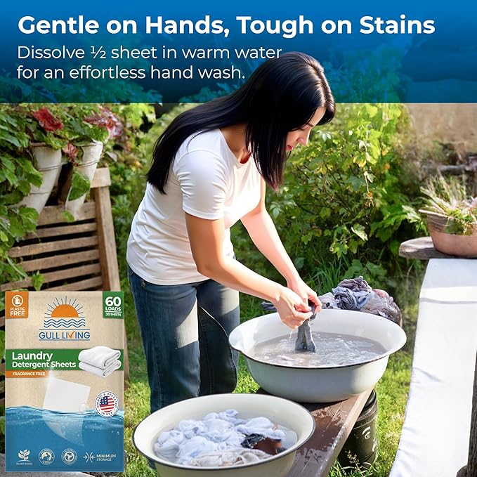 Gull Living Laundry Detergent Sheets For Travel - Eco-Friendly, Plant-Based Hypoallergenic Laundry detergent - Dissolves Quickly, Removes Stains & Odors - Laundry Soap Sheets - Fragrance Free 60 Loads
