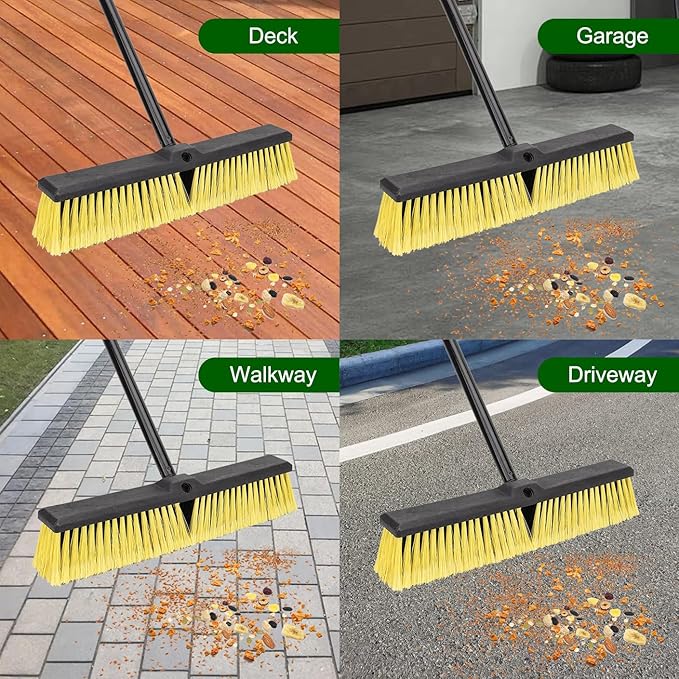 18 Inches Push Broom Outdoor- Heavy Duty Commercial Broom with 64.5" Long Handle and Stiff Bristles for Patio Garage Deck Concrete Wood Stone Tile Driveway Yard Warehouse Shop Floor Cleaning