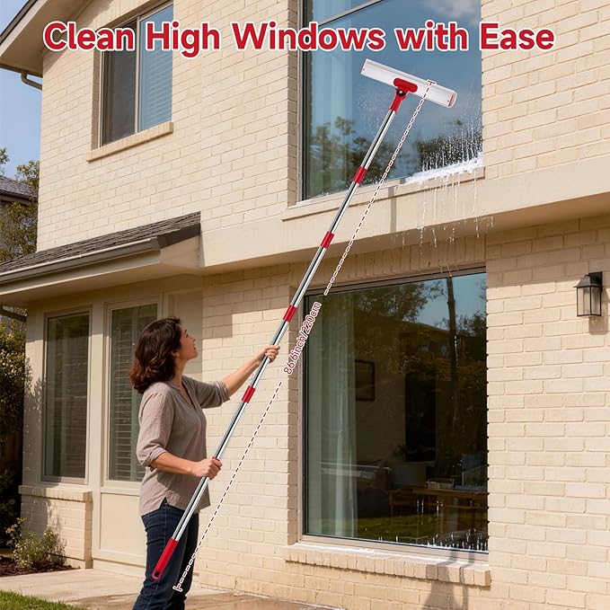 Wa.IE Jiemi Window Cleaner Tool Set, 86.6'' Window Washing Kit with 6-Section Extension Pole, Window Cleaning Tool with 2 Sizes of Rubber Squeegees, Window Squeegee for Home Car Glass Window Cleaning