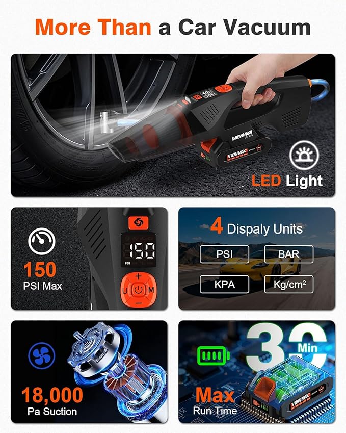 Viewmax 2-in-1 Car Vacuum and Tire Inflator - 20V Cordless Handheld Vacuum Cleaner & 150PSI Air Pump with Pressure Gauge, 18000Pa Suction, Portable Air Compressor for Tires Pump and Car Cleaning