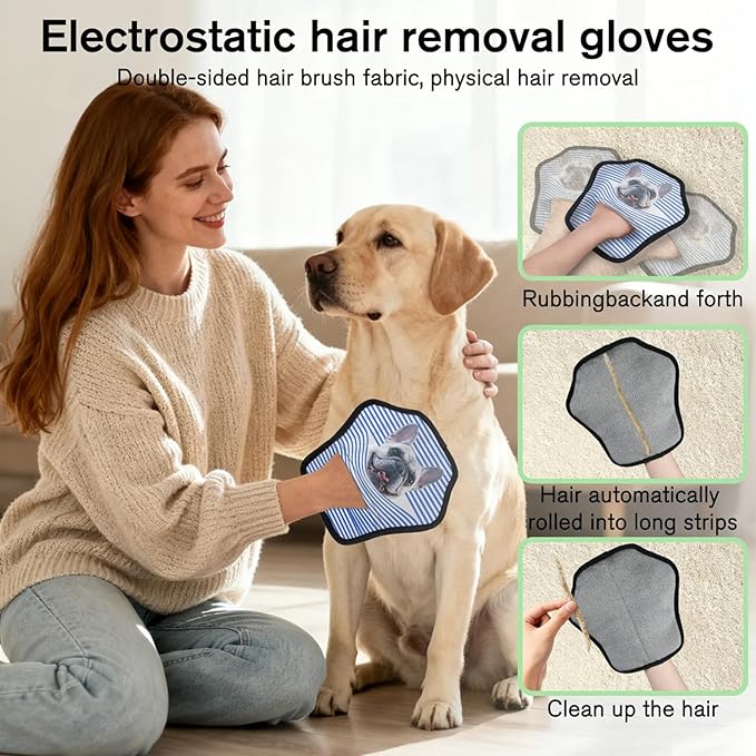 XIOBODR Personalized Pet Hair Remover Glove for Dogs & Cats - Custom Photo & Name Magic Brush for Dog Cat Hair Removal, Reusable Electrostatic Pet Hair Gloves for Furniture Carpet Couch, Blue Stripe