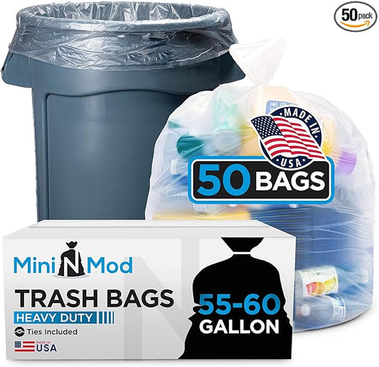 55-60 Gallon Clear Trash Bags | 50 Count | Large Clear Plastic Bags for Recycling, Garbage, and Commercial Use – Fits 55 Gallon and 60 Gallon Trash Cans