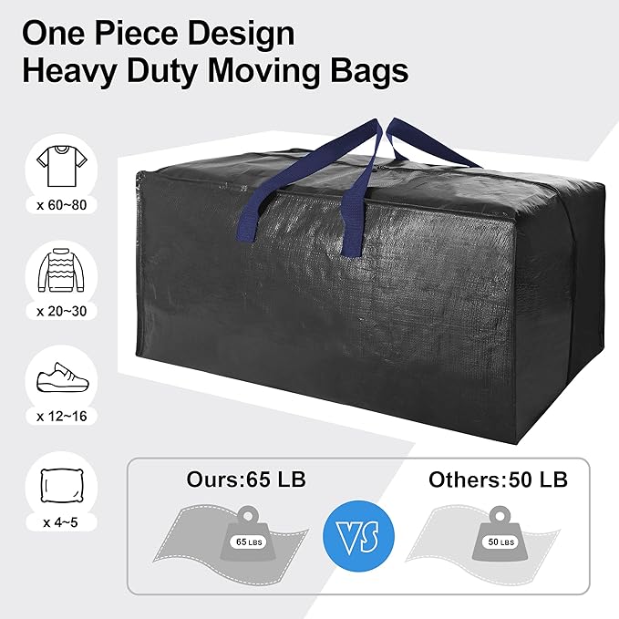 Heavy Duty Extra Large Moving Bags W/Backpack Straps - Strong Handles & Zippers, Storage Totes For Space Saving, Fold Flat, Alternative to Moving Box and Storage Bin (Set of 6, Black)