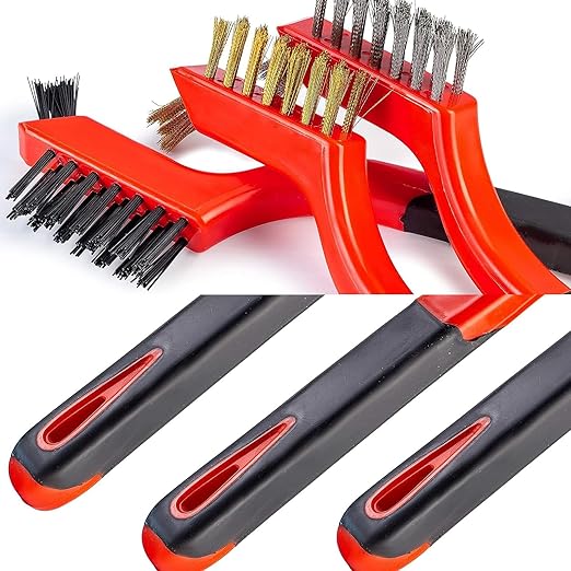Wire Brush Set 3Pcs, Nylon/Brass/Stainless Steel Bristles with Curved Handle Grip for Cleaning with Curved Handle Grip for Rust Removal, Dirt, Paint Scrubbing Yellow