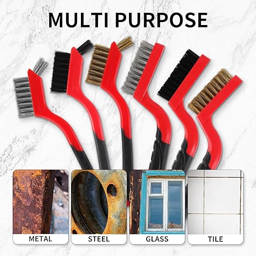 A A IN 6-Pack Wire Brush Set Nylon/Brass/Stainless Steel Bristles with Curved Handle Grip Scratch Brushes for Deep Cleaning and Rust Removing Small Cleaning Brushes-7 Inches (Red)