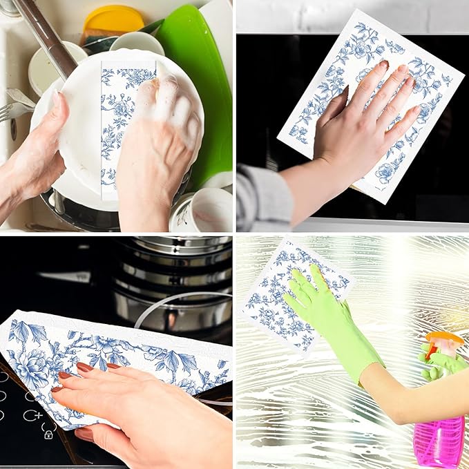 Blue Floral Swedish Dishcloths for Kitchen - 6PCS Blue Whihe Floral Swedish Cloths for Washing Dishes Reusable Flower Dish Towels Washable Cleaning Sponge for Home Party Fast Drying