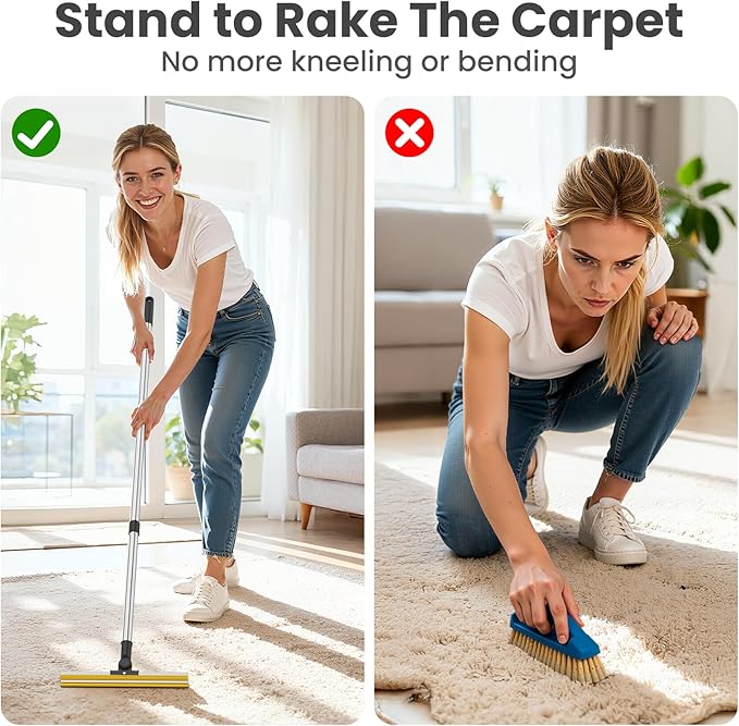 Bolfie 3 in 1 Carpet Rake for Pet Hair Removal, Tool Set of 3, 55” Long Handle Carpet Pet Hair Removal Carpet Scraper Dog Cat Hair Remover for Sofa, Couch, Car, Rug (Black)
