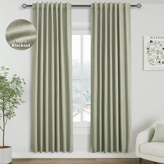 Nanspring Sage Green Linen 100% Blackout Curtains 80 inch Length Back Tab Rod Pocket Drapes Thermal Insulated Textured Bedroom Black Out Curtains 2 Panels Set 52x80