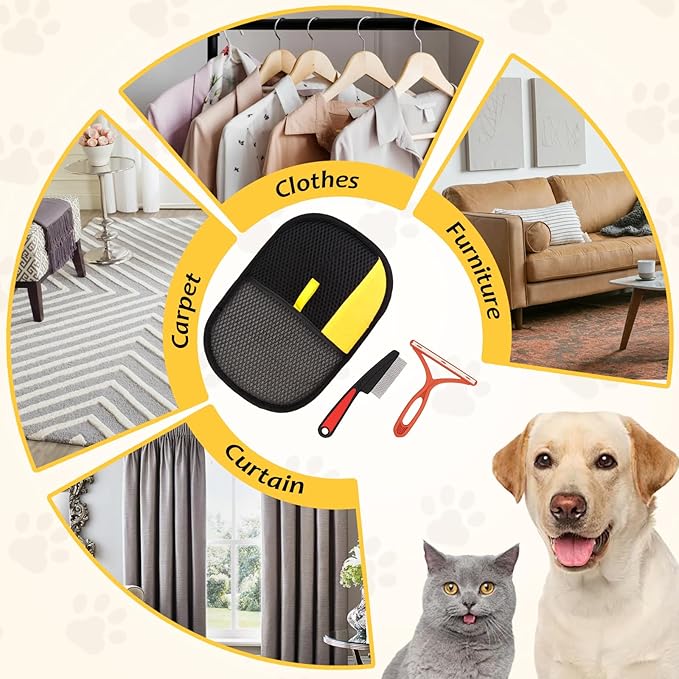 Dexspoeny 3 Pcs Pet Hair Removal Glove Set, Reusable Electrostatic Pet Hair Remover with Hair Remover Brush and Pet Comb, Upgrade Efficient Cats&Dogs Grooming Gloves for Clothes Furniture Carpet Seat