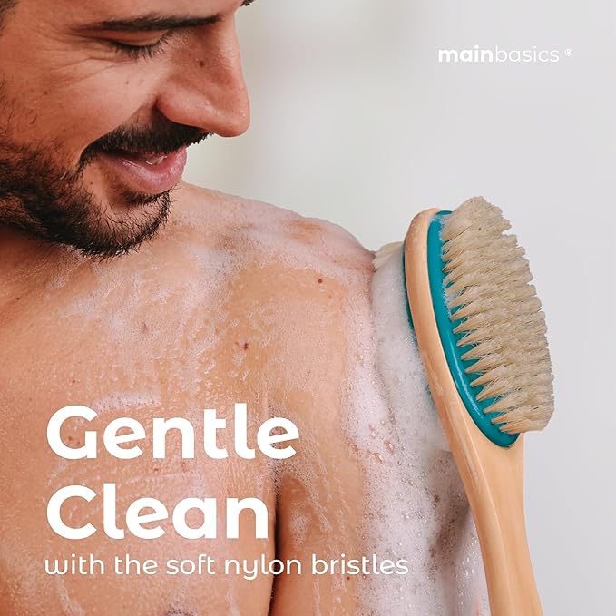 MainBasics Back Scrubber for Shower – Long Handle Dual-Sided Brush for Body Wash & Scrubbing with Exfoliating & Soft Bristles (Teal, Wood)