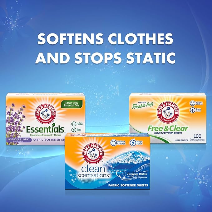 ARM & HAMMER Fabric Softener Sheets, 100 sheets, Purifying Waters (Pack of 2)