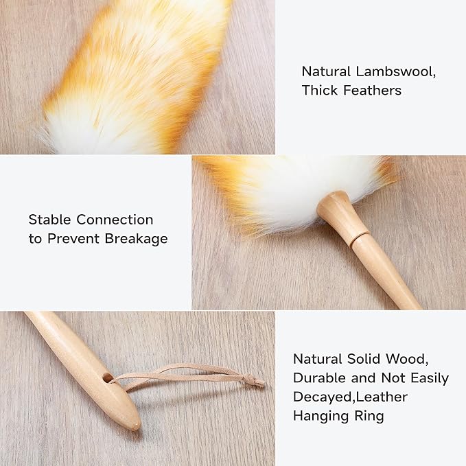 ONESIMUS 2 Pack Lambswool Dusters Fluffy Handheld Natural Feather Duster, 16.5 inch Washable Reusable Wool Dusters with Solid Wooden Handle for Cleaning Ceiling Fan, Interior, & Car etc