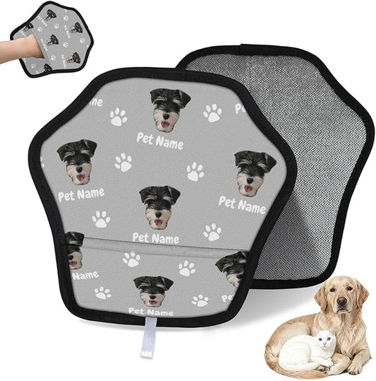 Personalized Pet Hair Remover Glove for Dogs & Cats - Custom Photo & Name Magic Brush for Dog Cat Hair Removal, Reusable Electrostatic Pet Hair Gloves for Furniture Carpet Couch, Face Paw Grey