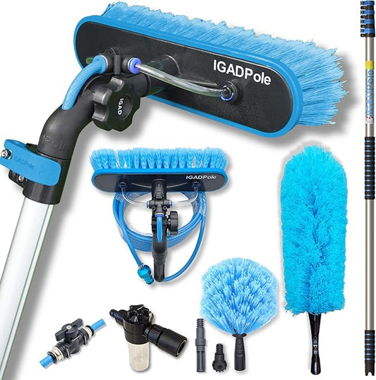 IGADPole 17 FT Water-Fed Cleaning Kit – Extendable Telescopic Pole with Soap-Dispenser, Brush & Cobweb Duster, Adjustable 5-17 FT Handle for Safe High Window, Gutter, Solar Panel & Exterior Cleaning