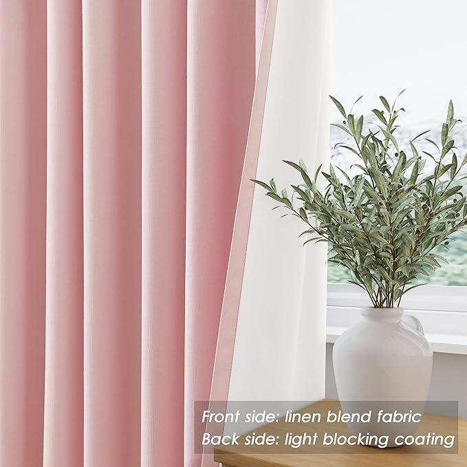 Blackout Pink Linen Curtains 96 Inches Long Back Tab Heat Reflective Full Light Block Out Curtain 2 Panels for Bedroom Window Textured Long Draperies with Liner Floor to Ceiling Length 52x96