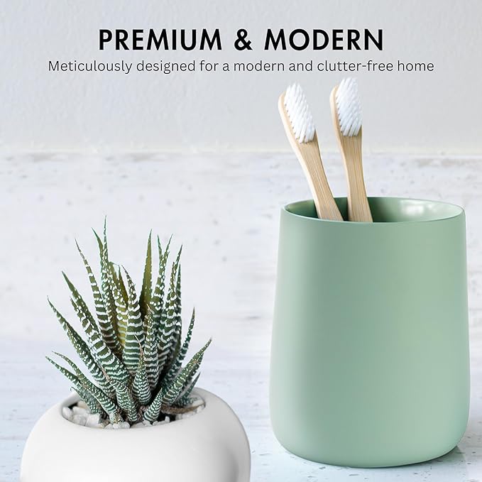 Yew Design Matte Sage Green Toothbrush and Toothpaste Holder and Cup for Bathroom Vanity and Countertop, Round Organizer for Electric Toothbrushes, Floss, Razors, Cotton, and Mouthwash