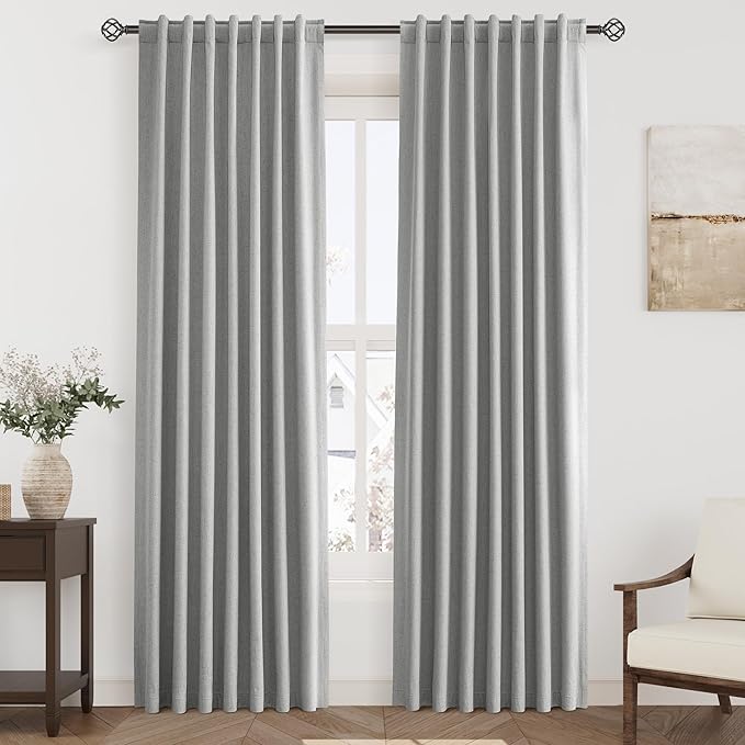 Nanspring Charcoal Linen Blackout Curtains 84 Inches for Bedroom Modern Farmhouse Living Room Draperies Cream Colored Thermal Insulated Full Shading Curtains for Sliding Door 52x84
