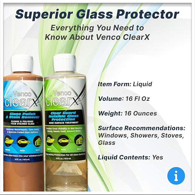 Venco Clear X Glass Polish & Protector - 16oz Kit for Removing Rust, Burnt-In Stains, Water Spots - Protects & Repels Water, Snow - Ideal for Yachts, Cars, Home Windows, RVs & More - Made in USA
