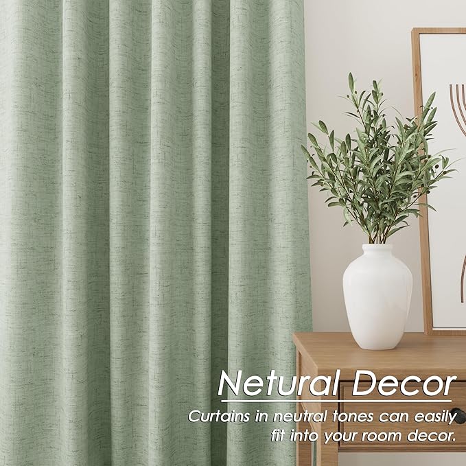 Light Sage Linen Blackout Curtains 108 Inches Long 2 Panel Set for Living Room Back Tab Pocket Drapes Cotton Textured Room Darkening Light Blocking Curtain for Bedroom Cottage High Window 52x108