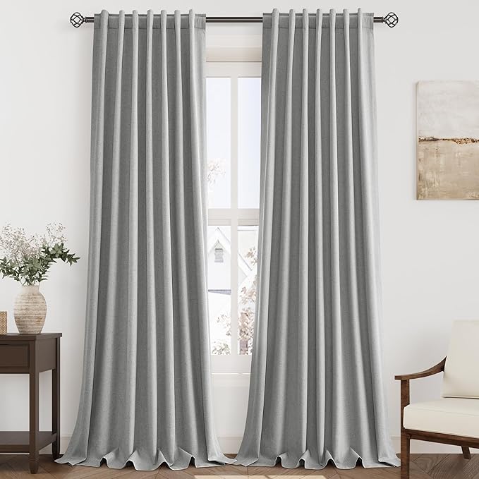 Charcoal Linen Blackout Curtains 120 Inch Length 2 Panels Set Burg Extra Long 10 Ft Back Tab Pocket Drapes Cotton Textured Total Sun Blocking Curtains for Living Room Cottage High Window 52x120