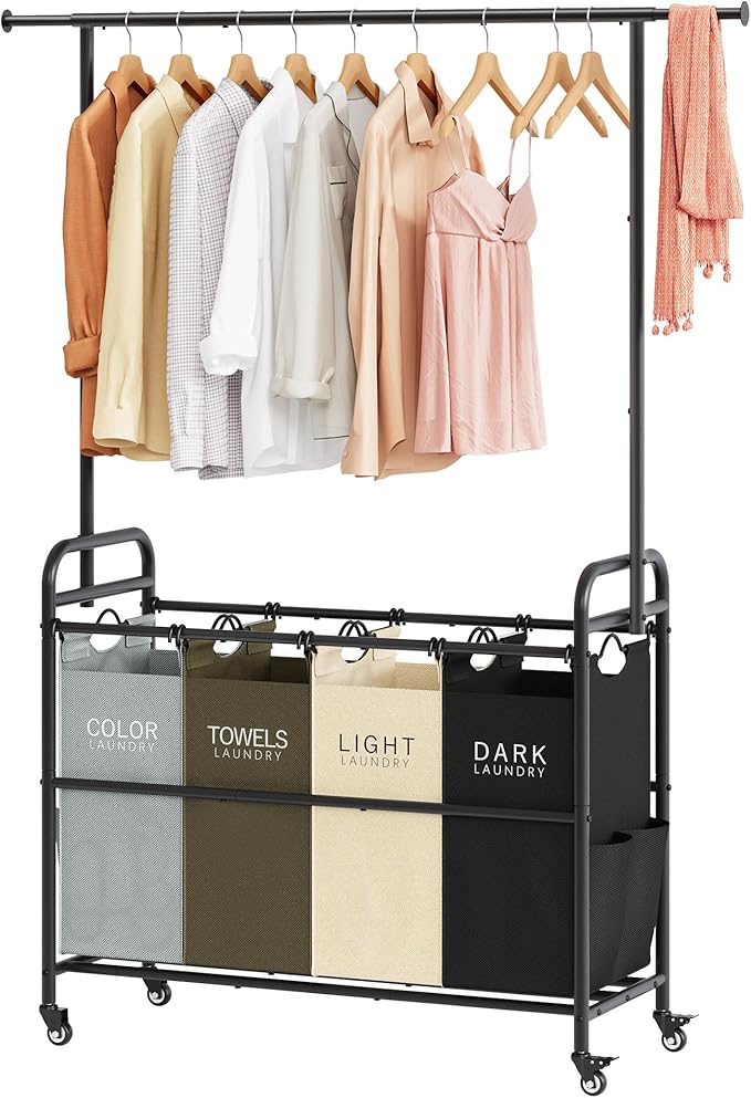 Tajsoon Laundry Sorter Cart with Hanging Clothes Rack, 4 Butler Sorter Basket Organizer, Laundry Hamper Cart with Heavy Duty Rolling Lockable Wheels, 4 Colors