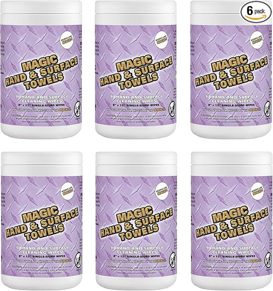 Magic Heavy Duty Cleaning Wipes - Single Sided Hand & Surface Shop Towels | Professional-grade Cleaning | Waterless | Moisturizing | Cleans Grease, Oil, Dirt, & more (6 Pack | 540 Sheets Total)