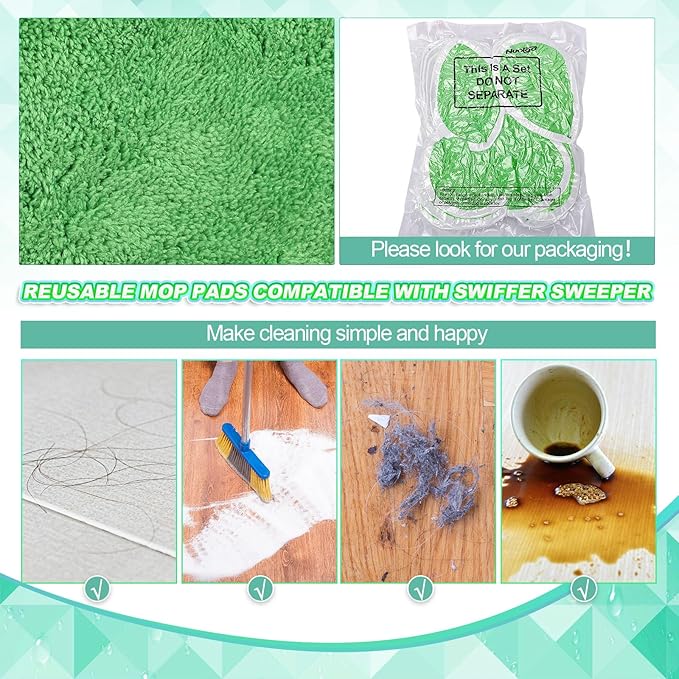 Nuogo 16 Packs Reusable Wet Mop Pads Refills Compatible with Swiffer Sweeper Mops Household Cleaning Tools for Wet & Dry Use(Green)