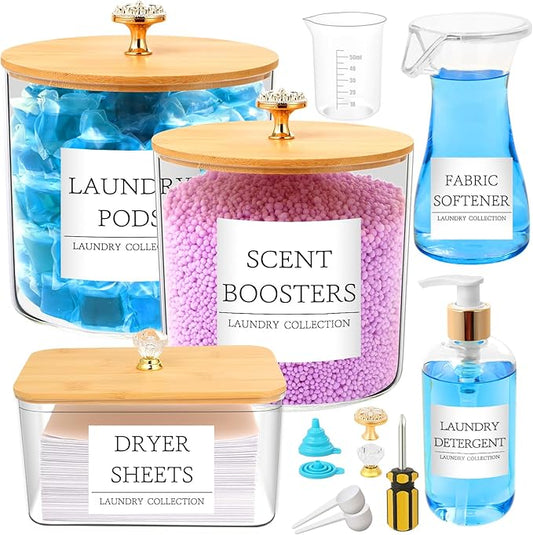5 Pcs Laundry Container Organizing with Laundry Powder Container and Dryer Sheet Holder Acrylic Laundry Soap Dispenser Bottle with Funnel, Measuring Cup Laundry Pod Holder for Beads,Soap,Scent Booster