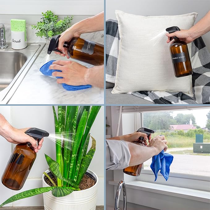 Cornucopia 32oz Amber Glass Spray Bottles (2-Pack); Brown Bottles w/ 3-Setting Trigger Sprayers; Includes Caps for Storage