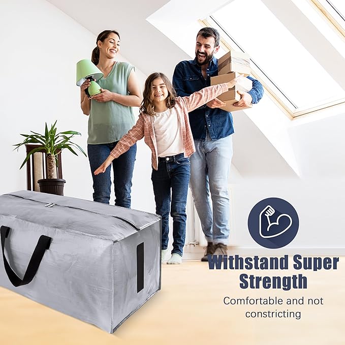 8 Pack Large Strong Bags with Zippers & Carrying Handles - Water-Resistant - Heavy Duty Storage Tote for Space Saving Storage, Fold Flat, Alternative to Moving Box (Silver)